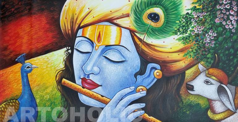 Hand Painted Lord Krishna Abstract Acrylic Painting on Canvas