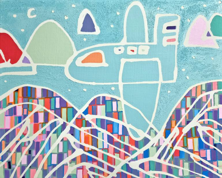 Original Nature Painting by Hanji Park | Pop Art Art on Canvas | Emerald Airplane Under the Night Sky