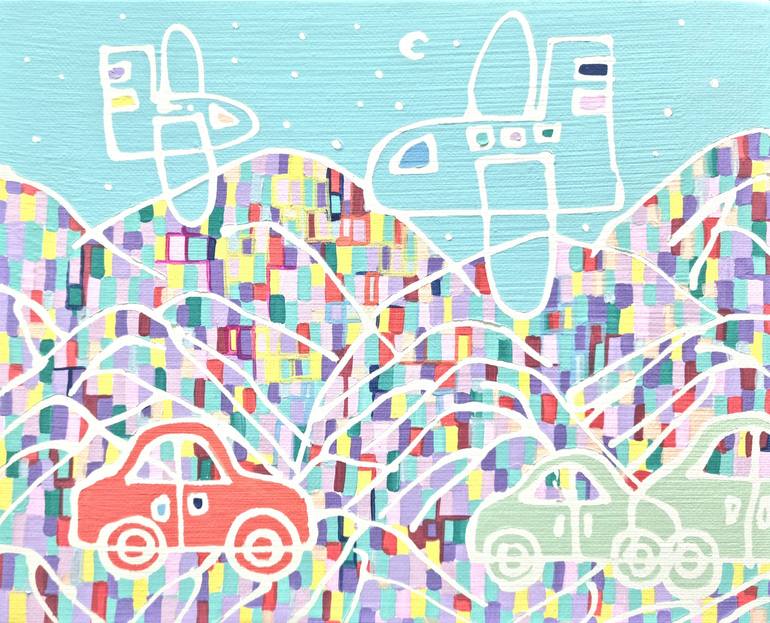 Original Car Painting by Hanji Park | Pop Art Art on Canvas | A sky blue plane, a light green car, and a dark pink car