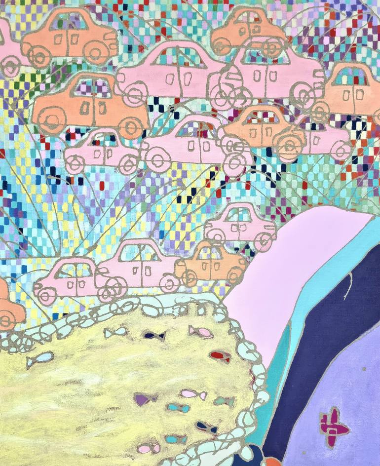 Original Nature Painting by Hanji Park | Pop Art Art on Canvas | Pink Car Under the Yellow Lake