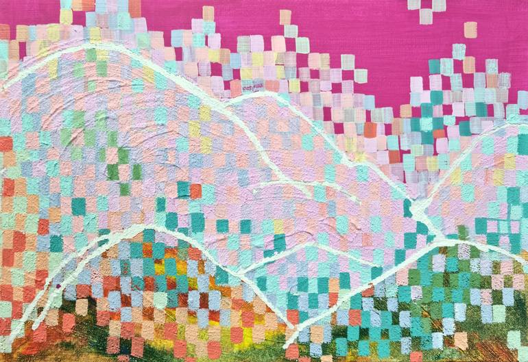 Original Nature Painting by Hanji Park | Pop Art Art on Canvas | Mountain Landscape Lit by the Evening Sunset