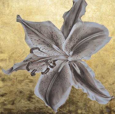 Lily flower on gold leaf background thumb