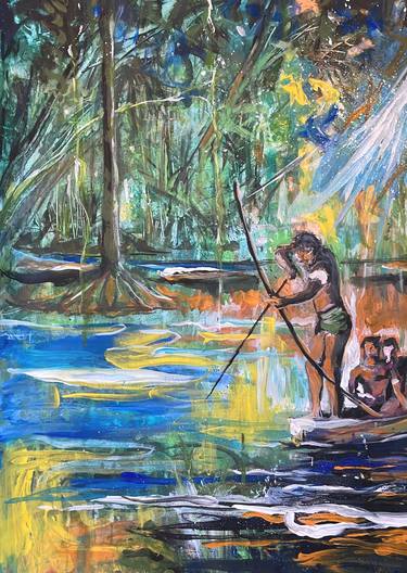 Indios en el río persiguiendo al caimán thumb