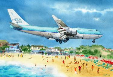 Aircraft landing. Original watercolor artwork. thumb