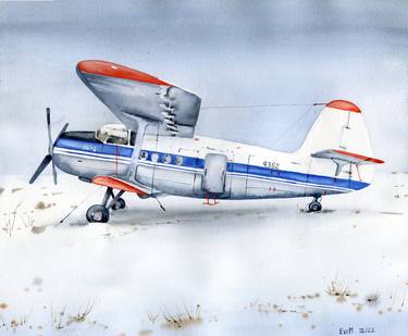 The plane is parked. Original watercolor work. thumb