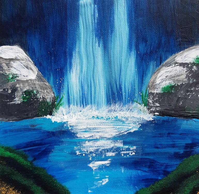 Cascading blue waterfall acrylic paint Painting by Leanne