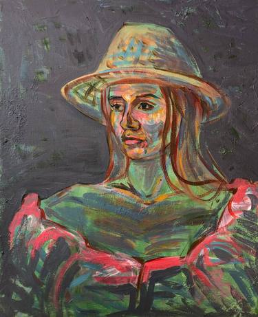 "LADY IN A HAT", ACRYLIC PORTRAIT, INTERIOR thumb