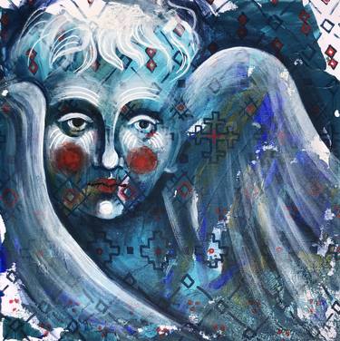 “CHERUB” SMALL BLUE PAINTING WITH UKRAINIAN ORNAMENTS thumb