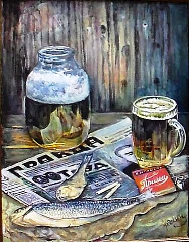 still life with beer and fish thumb