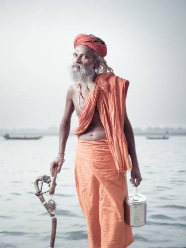 Portrait of Sadhu Baba on the banks of the river Ganges. thumb