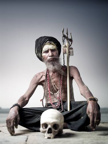 Portrait of Sadhu Aghori Baba with human skull thumb