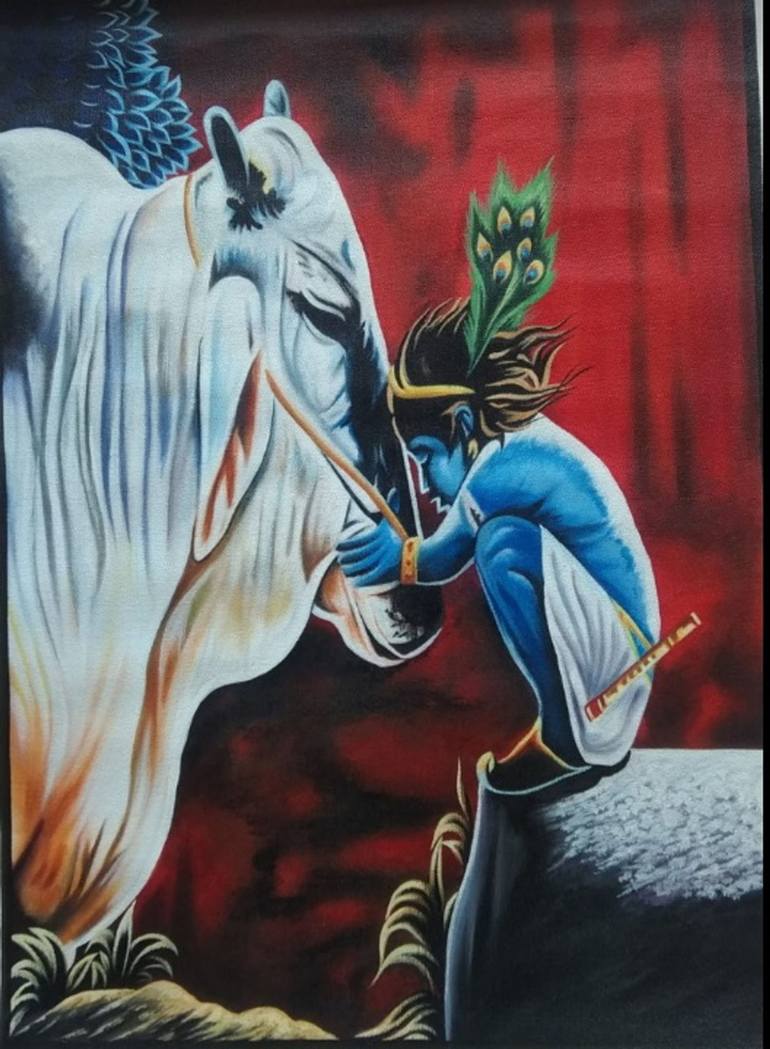 Painting of Krishna, Krishna playing with cow on canvas Painting ...