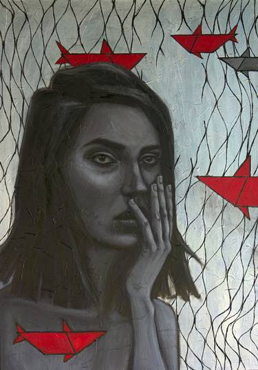 "Fears set free", emotional female portrait, H85 - W60 cm, oil and acrylic on canvas thumb