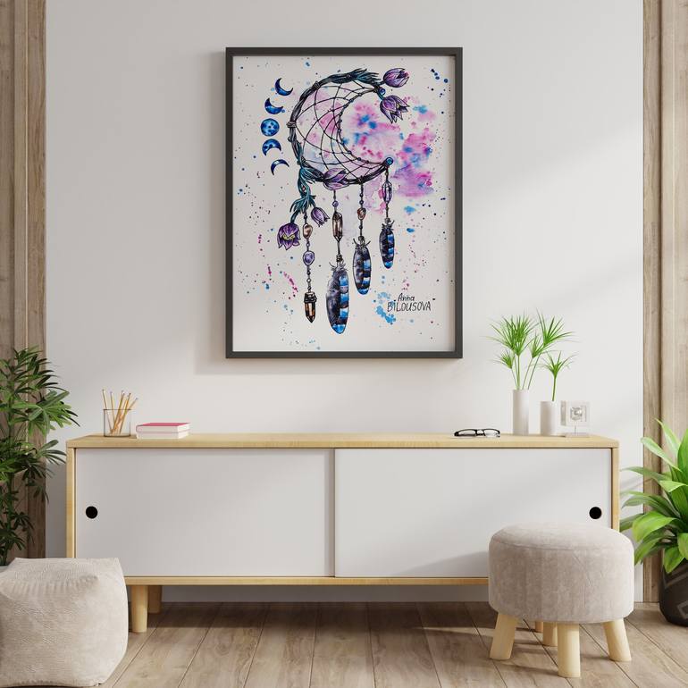 Dreamcatcher, Watercolor ink painting, amethyst rauchtopaz  crystal,pasque-flower,moon phases, flowers magic illustration,witch decor  Art Print