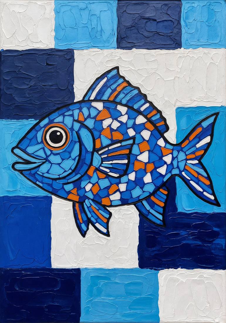 Original Animal Digital by Mauricio Fraga | Abstract Art on Canvas | The Mosaic Fish: A Symphony of Colors Dancing Beneath the Water