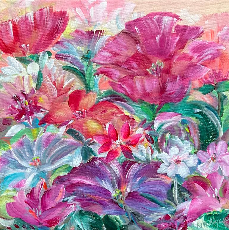 Original Floral Painting by Kerry Milligan | Impressionism Art on Canvas | Pink and Red Glow