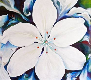 White Lily Garden (Custom Framed - Wood - Dark Blue) thumb