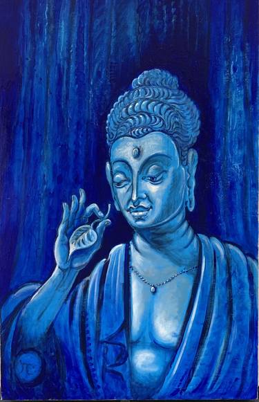 Blue Buddha at night with Buda leaf thumb