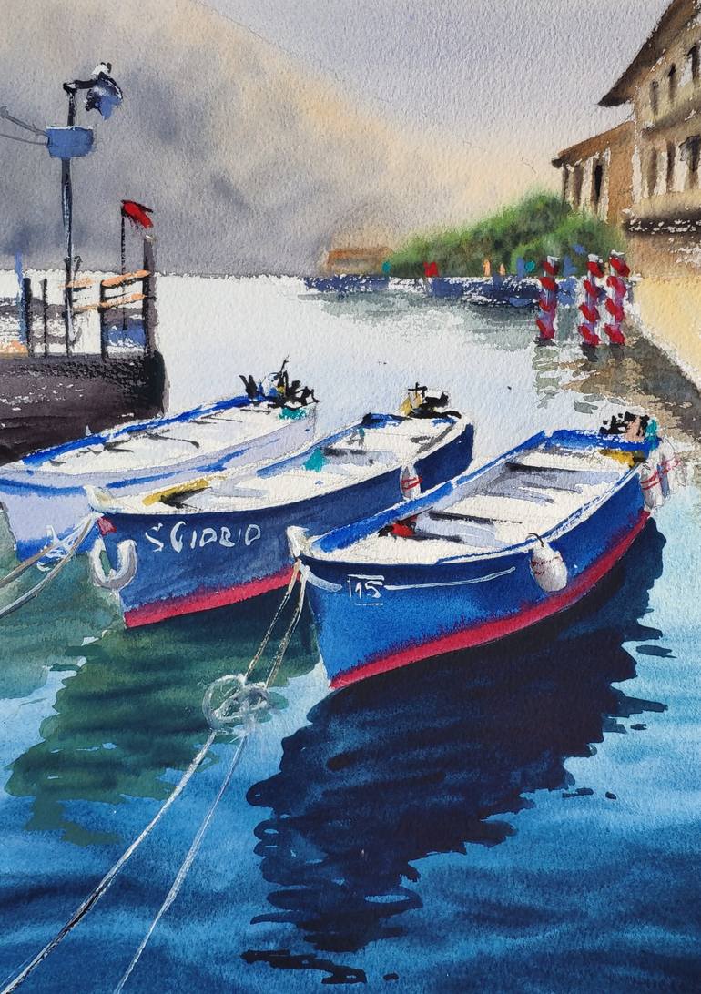 Original seascape Boats at the pier. Seascape Painting Marine
