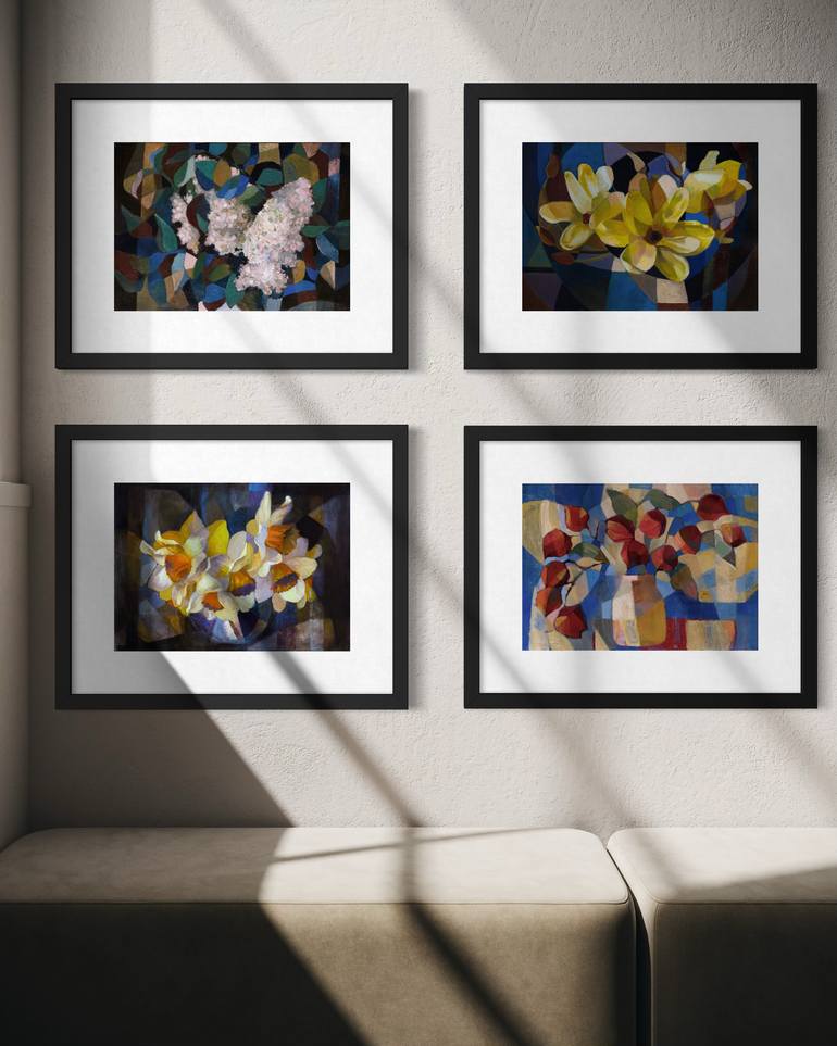 Original Cubism Floral Painting by Angela Apoyan