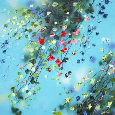 "It's Still Summer" blue floral acrylic artwork on canvas thumb