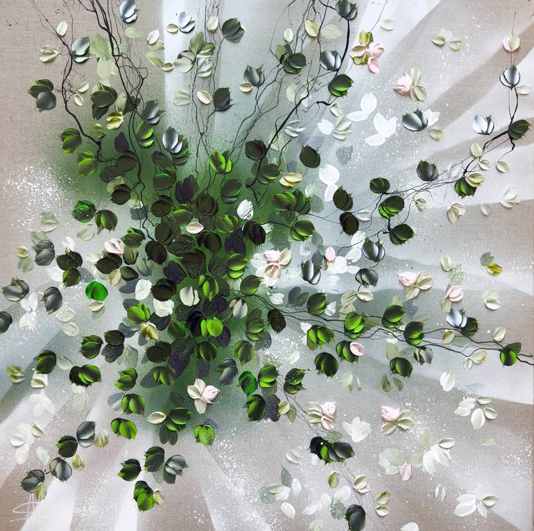 Original Floral Painting by Anastassia Skopp | Abstract Art on Canvas | Petals in Light - white green floral artwork on linen canvas