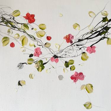 „Entwined” acrylic white art with flowers thumb
