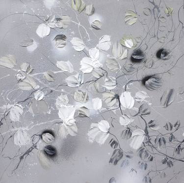Acrylic painting with white flowers "Silver Fog I" thumb