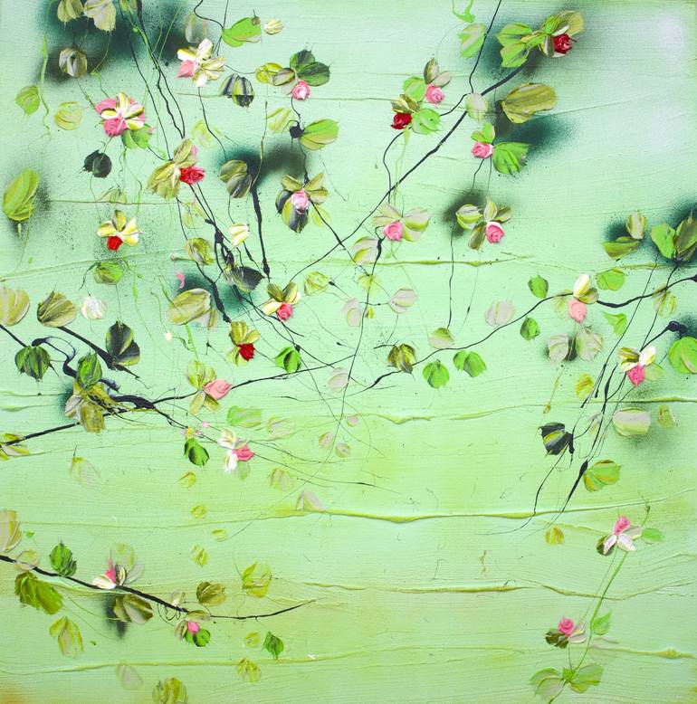 Light green textured painting with flowers "Bohemian Day" - Print