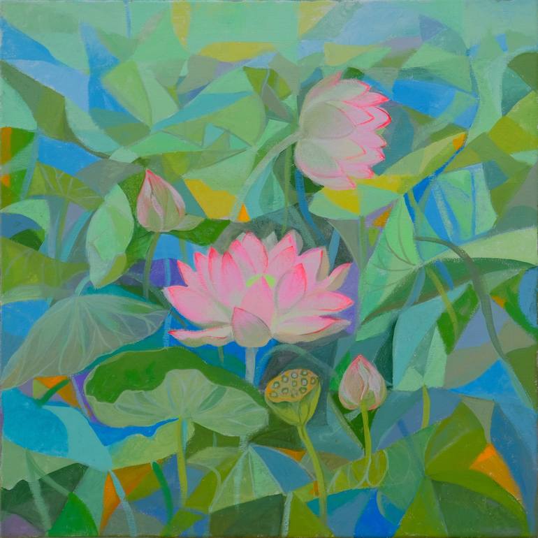 Lotus Pond in Pink, Blue and Green (2023) Painting by Sumita Maity ...