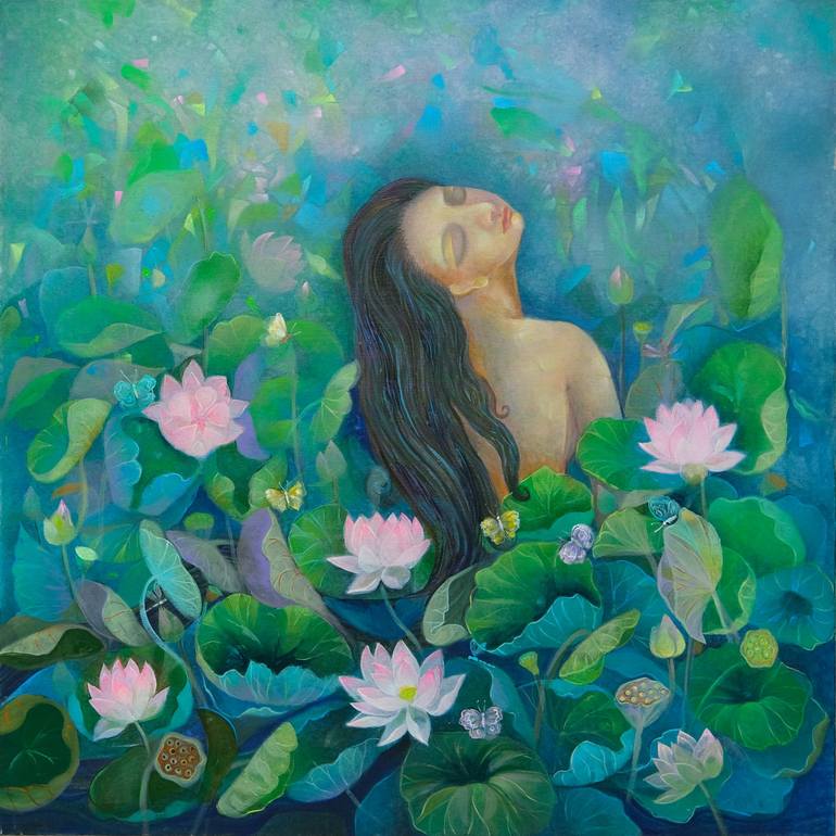 Woman in a Lotus Pond (in Pink, Blue, and Green) Painting by Sumita ...