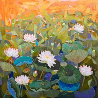 Lotus Pond in Orange, Green, and Gold — 40-inch x 40-inch (2023) thumb