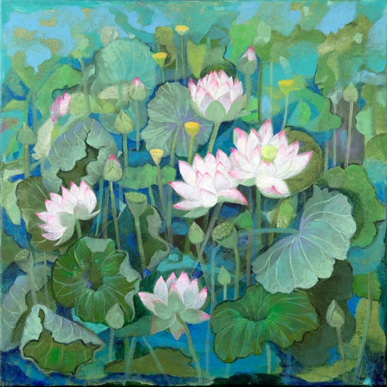 Original Nature Painting by Sumita Maity | Contemporary Art on Canvas | Untitled (Lotus Pond in Pink, Blue, and Green) (2026)