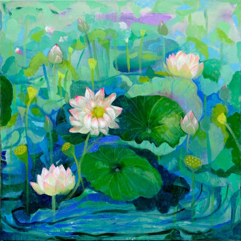 Original Nature Painting by Sumita Maity | Contemporary Art on Canvas | Untitled (Lotus Pond Pink, Blue, Purple, and Green) (2026)