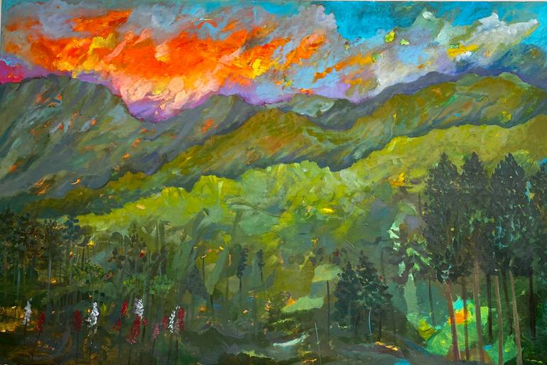 Original Landscape Painting by Sumita Maity | Contemporary Art on Canvas | Untitled (Sunset over the Mountains) (Kalimpong, 2026)