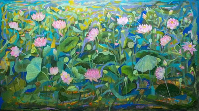 Original Nature Painting by Sumita Maity | Contemporary Art on Canvas | Untitled (Lotus Pond in Pink, Blue, and Green)