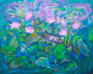 lotus pond in pink, blue, purple and green - 40-inch x 50-inch thumb