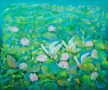 swans in a lotus pond - 50-inch x 60-inch thumb