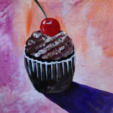 Food Painting Cherry Dessert Original Art Fruit Cake Artwork thumb