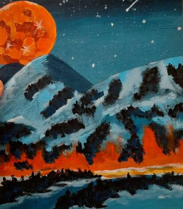 Mountains painting Full Moon Original Art Nature Artwork thumb