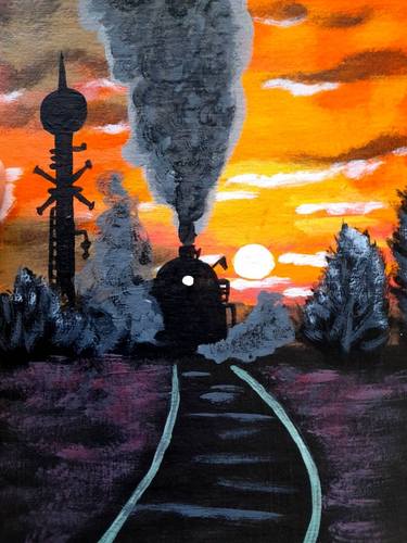 Train Painting Forest Original Art Adventure Wall Art thumb