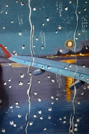 Airport original canvas painting Rain art Aviation artwork thumb