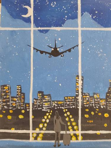 Airplane painting Original Airport Artwork People Art thumb