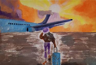 Travel painting Original Airport Artwork thumb