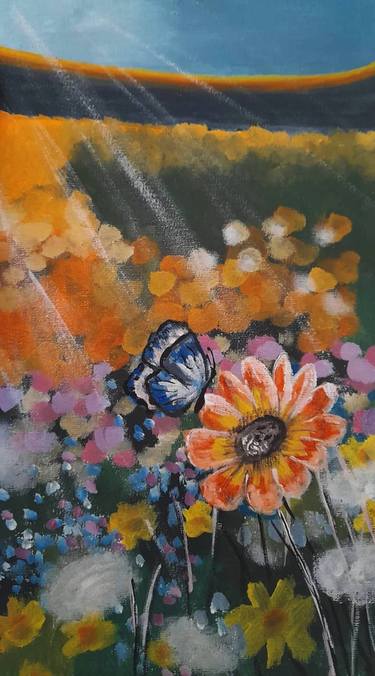 Meadow Flowers Painting Butterfly Original Art thumb