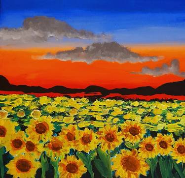 Sunset with sunflowers original painting thumb