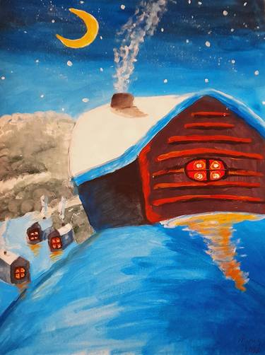 Winter in the village original acrylic painting thumb