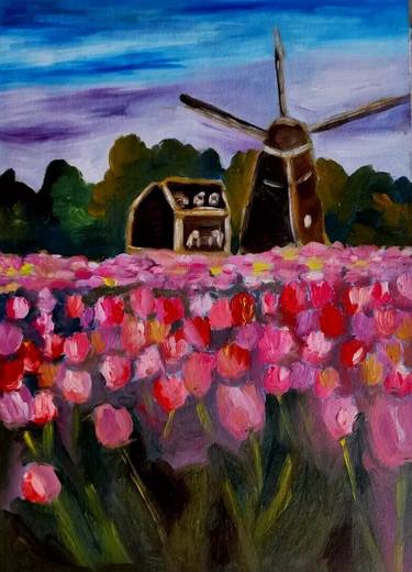 Original Oil Painting Tulips Artwork Windmill Landscape thumb