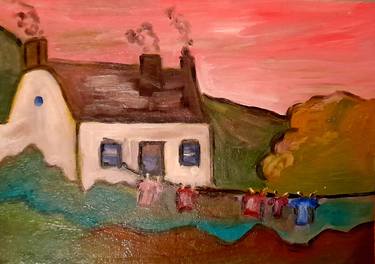 Scotland Original Oil Painting Cottage Scottish Hills thumb