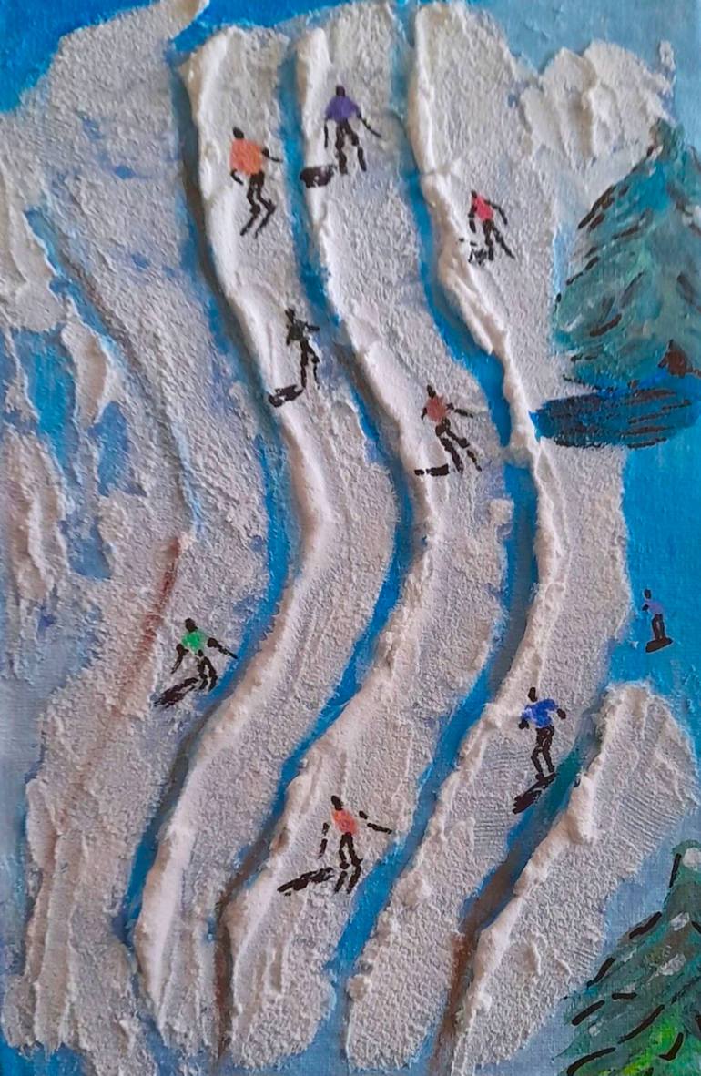 Original Mountain Painting by Maryna Yasar | Art Nouveau Art on Canvas | Skiing winter sport original textured painting